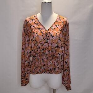 LEYDEN Blouse Womens Medium Orange Floral V Neck Smocked Waist Long Sleeve Top